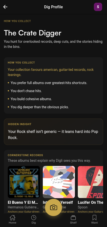 Dig Profile screen