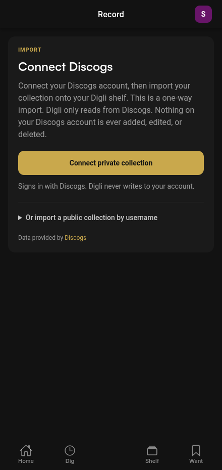 Discogs import screen showing a connected account and records filing onto the shelf