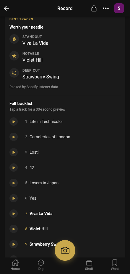 Album screen with 30-second track previews